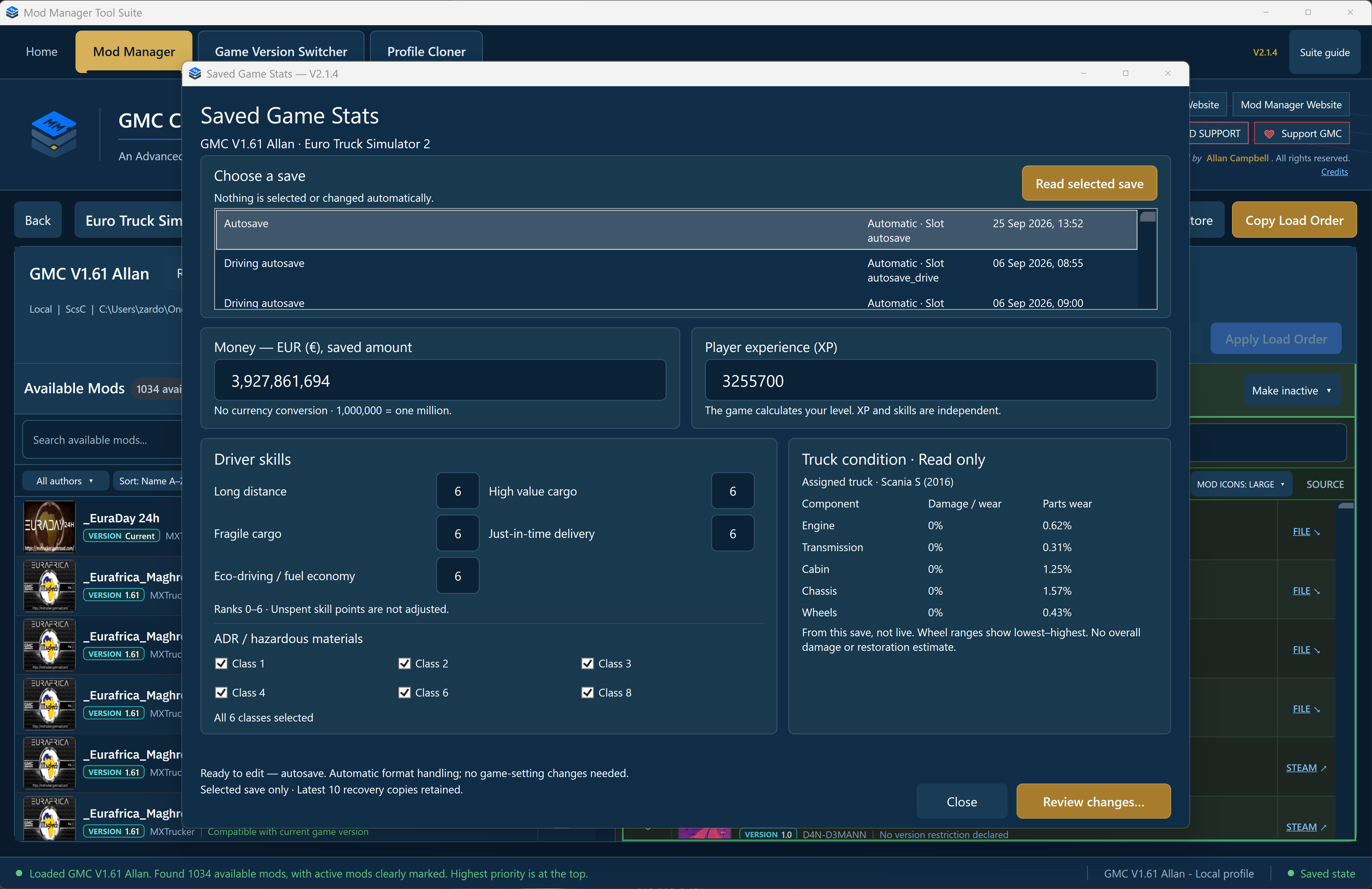 V2.1.4 Saved Game Stats showing money, XP, grouped driver skills and read-only truck condition