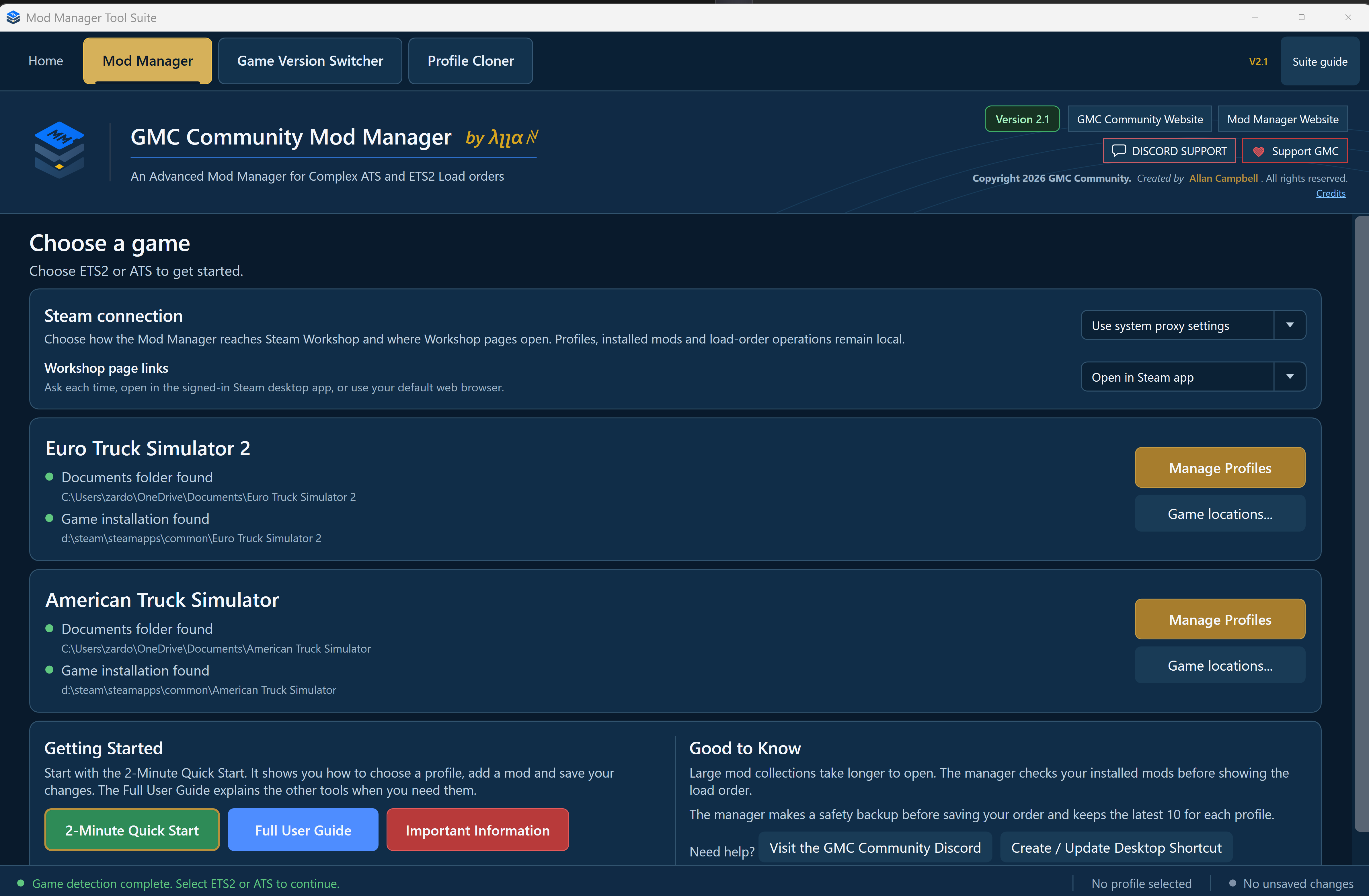Mod Manager game and profile selection